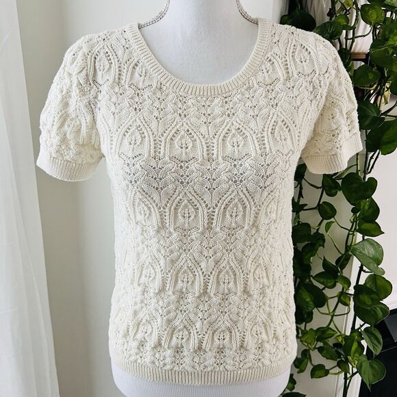 Anthropologie White Crochet Stitched Sweater Tee Stretchy Feminine Dainty -Large - Picture 1 of 9